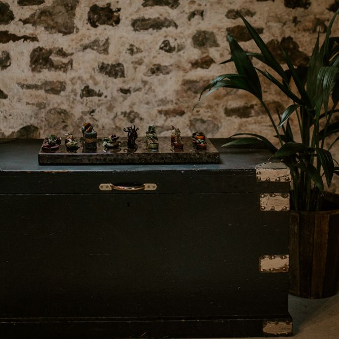 Vintage Chest &amp; Wedding Canapes | Forest Green and Black Dark Decadence Wedding Inspiration in a Rustic Barn Planned &amp; Styled by Knots &amp; Kisses with Images by Daze of Glory Photography