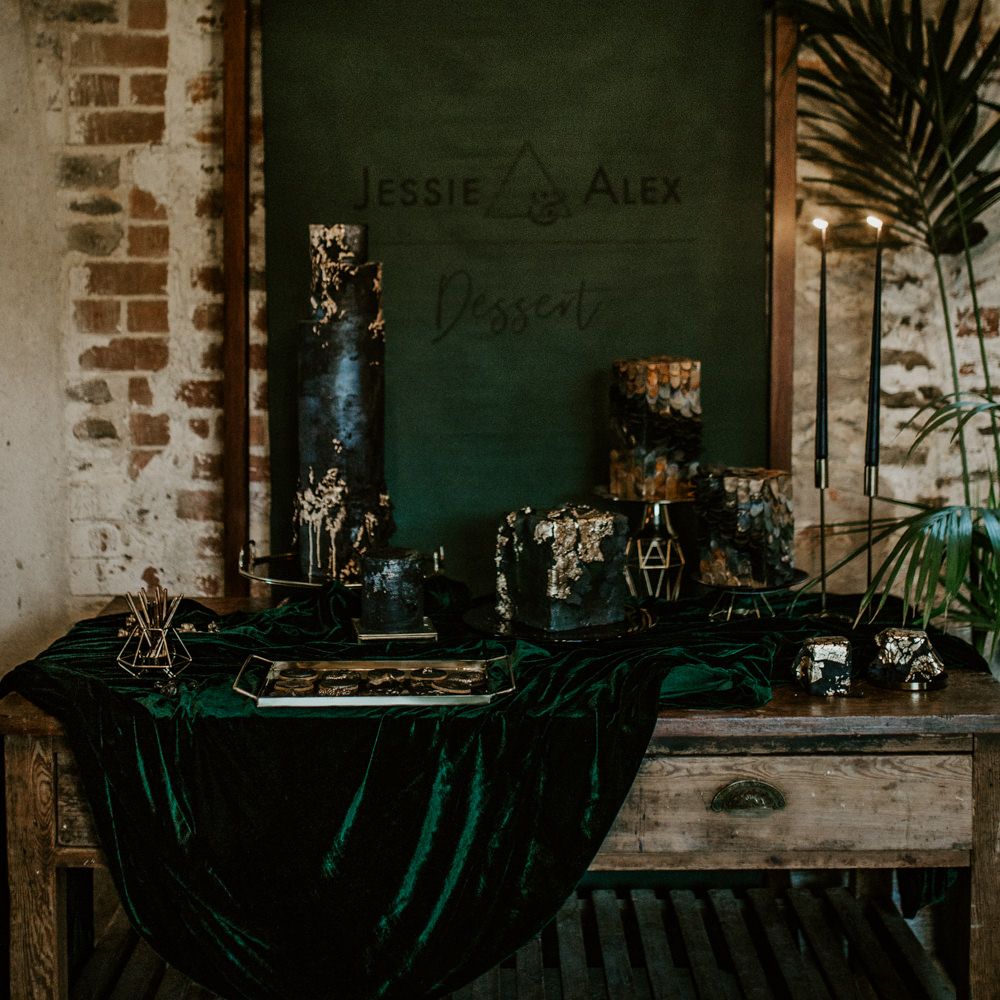 Cake Table with Velvet Drape &amp; Flag Backdrop Wedding Sign | Forest Green and Black Dark Decadence Wedding Inspiration in a Rustic Barn Planned &amp; Styled by Knots &amp; Kisses with Images by Daze of Glory Photography