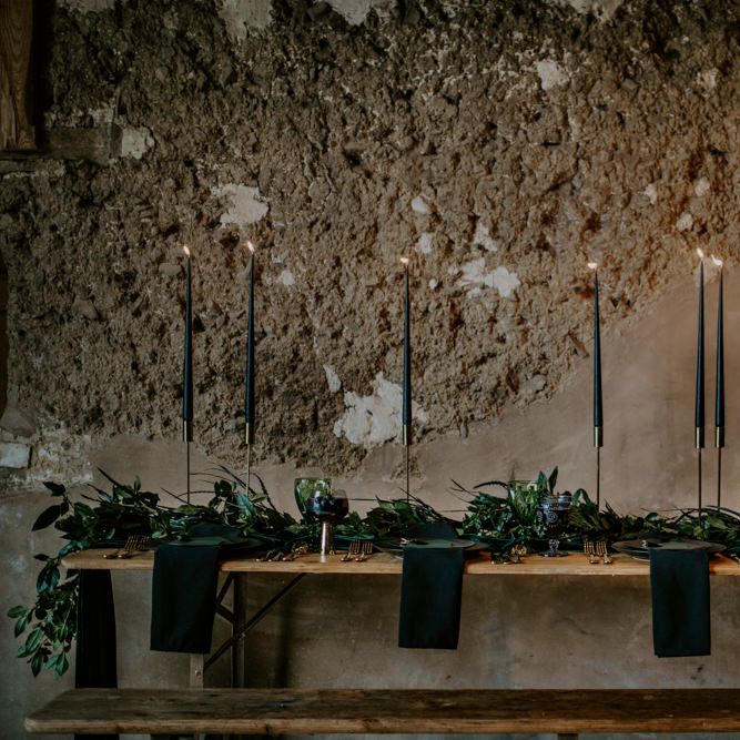 Black Taper Candles Wedding Table Decor | Forest Green and Black Dark Decadence Wedding Inspiration in a Rustic Barn Planned &amp; Styled by Knots &amp; Kisses with Images by Daze of Glory Photography