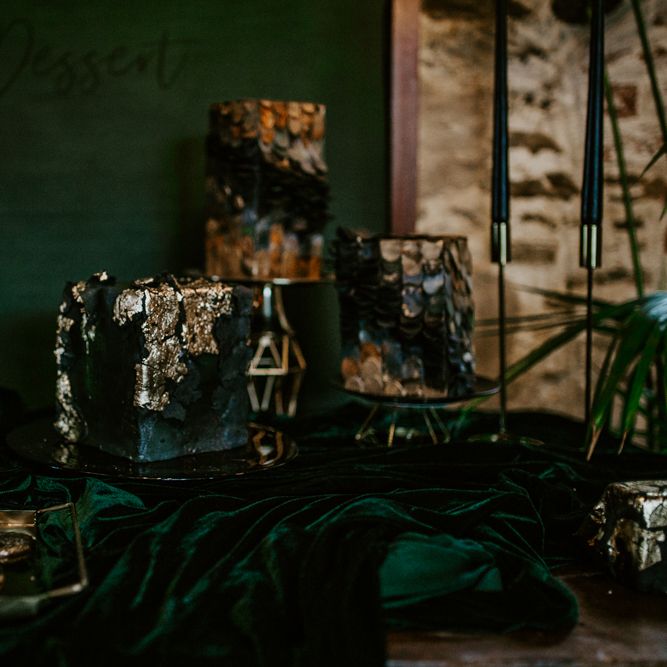 Intricate Designed Wedding Cakes with Gold Foil Decor | Forest Green and Black Dark Decadence Wedding Inspiration in a Rustic Barn Planned &amp; Styled by Knots &amp; Kisses with Images by Daze of Glory Photography