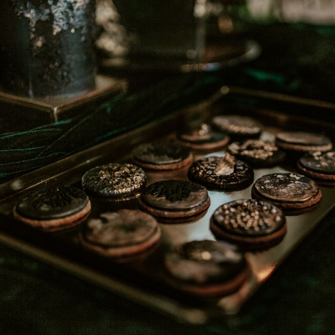Iced Wedding Biscuits for Dessert Table | Forest Green and Black Dark Decadence Wedding Inspiration in a Rustic Barn Planned &amp; Styled by Knots &amp; Kisses with Images by Daze of Glory Photography