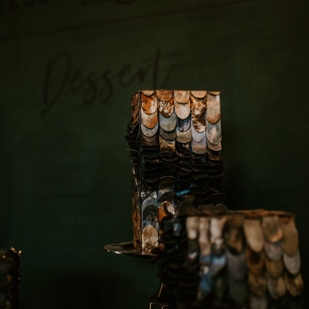 Intricate Designed Wedding Cakes with Gold Foil Decor | Forest Green and Black Dark Decadence Wedding Inspiration in a Rustic Barn Planned &amp; Styled by Knots &amp; Kisses with Images by Daze of Glory Photography
