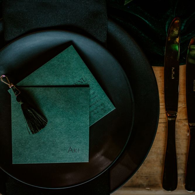 Luxury Forest Green Wedding Stationery with Wax Seal | Forest Green and Black Dark Decadence Wedding Inspiration in a Rustic Barn Planned &amp; Styled by Knots &amp; Kisses with Images by Daze of Glory Photography
