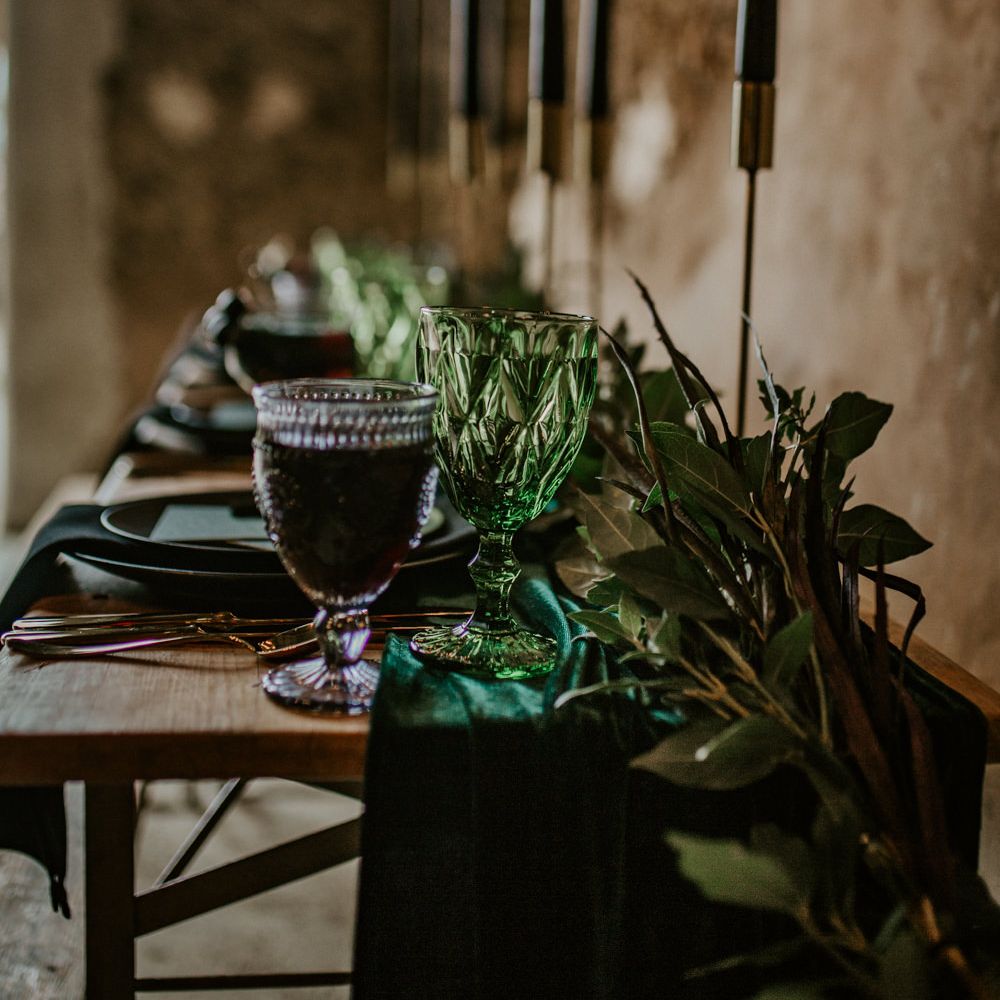 Greenery Garland Wedding Table Decor | Forest Green and Black Dark Decadence Wedding Inspiration in a Rustic Barn Planned &amp; Styled by Knots &amp; Kisses with Images by Daze of Glory Photography