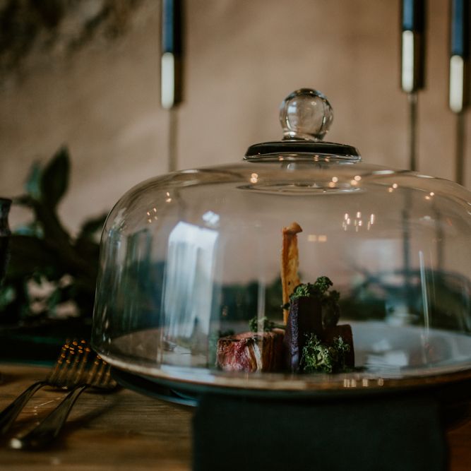 Cloche Wedding Decor | Forest Green and Black Dark Decadence Wedding Inspiration in a Rustic Barn Planned &amp; Styled by Knots &amp; Kisses with Images by Daze of Glory Photography