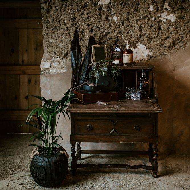 Vintage Writing Desk Cigar &amp; Whiskey Station | Forest Green and Black Dark Decadence Wedding Inspiration in a Rustic Barn Planned &amp; Styled by Knots &amp; Kisses with Images by Daze of Glory Photography