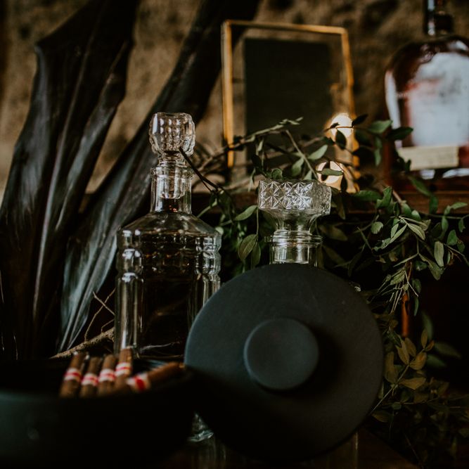 Cut Glass Decanters Whiskey Station | Forest Green and Black Dark Decadence Wedding Inspiration in a Rustic Barn Planned &amp; Styled by Knots &amp; Kisses with Images by Daze of Glory Photography