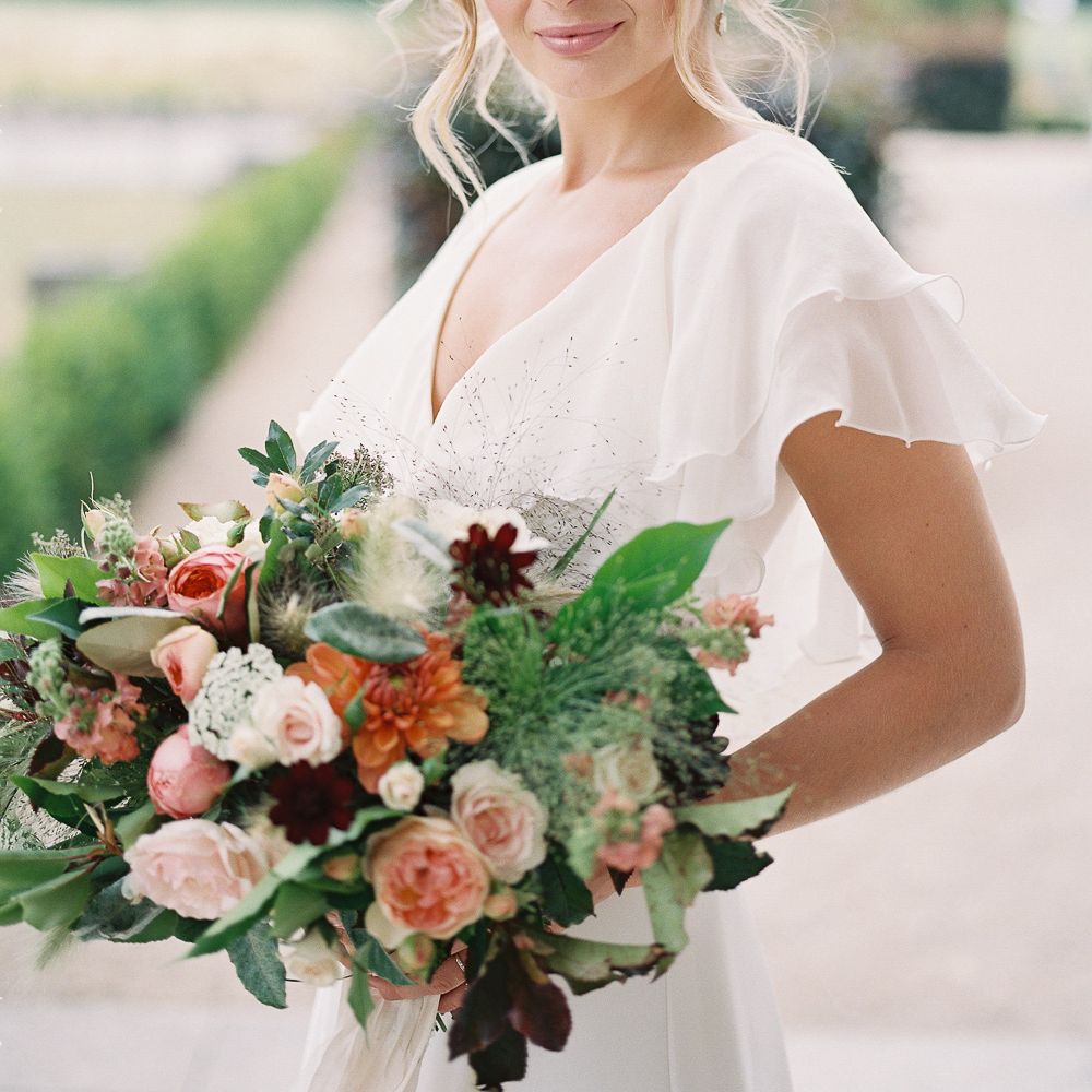 Bride in Lace Cherry Williams London Gown | Living Coral, White &amp; Green Bridal Bouquet with Roses &amp; Foliage | Elegant Summer Inspiration at St Giles House, Dorset by Jessica Roberts Design   Imogen Xiana Photography
