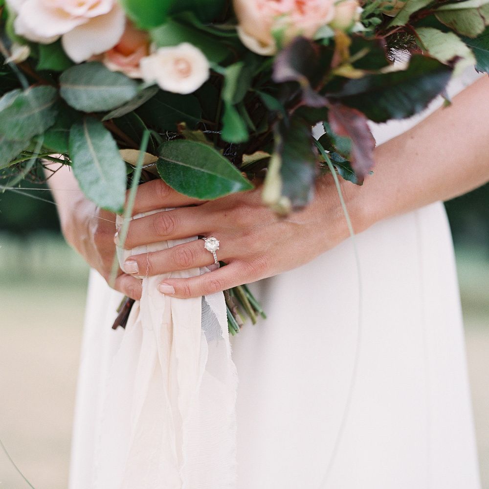 Diamond Solitaire Engagement Ring | Living Coral, White &amp; Green Bridal Bouquet with Roses &amp; Foliage | Elegant Summer Inspiration at St Giles House, Dorset by Jessica Roberts Design   Imogen Xiana Photography