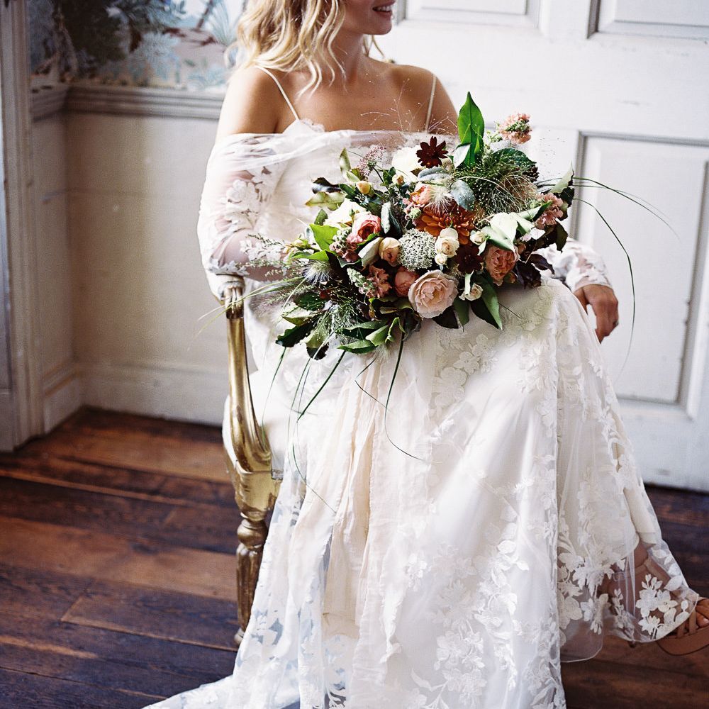 Living Coral, White &amp; Green Bridal Bouquet with Roses &amp; Foliage | Bride in Lace Cherry Williams London Gown | Elegant Summer Inspiration at St Giles House, Dorset by Jessica Roberts Design   Imogen Xiana Photography