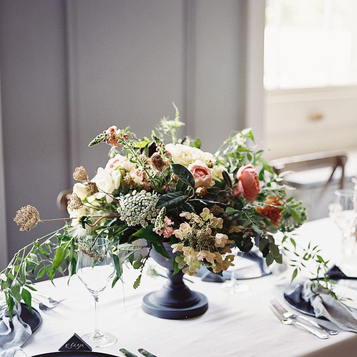 Living Coral, White &amp; Greenery Floral Centrepieces | Elegant Summer Inspiration at St Giles House, Dorset by Jessica Roberts Design   Imogen Xiana Photography
