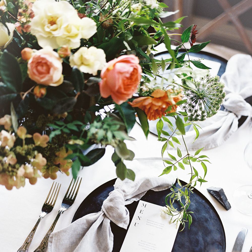 Stylish Place Setting  with Black Platter &amp; Menu Card | Elegant Summer Inspiration at St Giles House, Dorset by Jessica Roberts Design   Imogen Xiana Photography