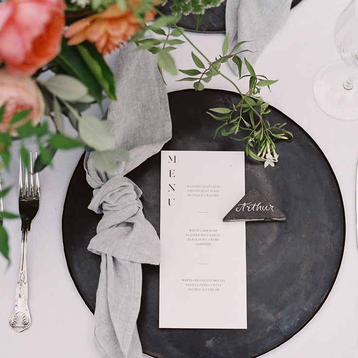 Stylish Place Setting  with Black Platter &amp; Menu Card | Elegant Summer Inspiration at St Giles House, Dorset by Jessica Roberts Design   Imogen Xiana Photography