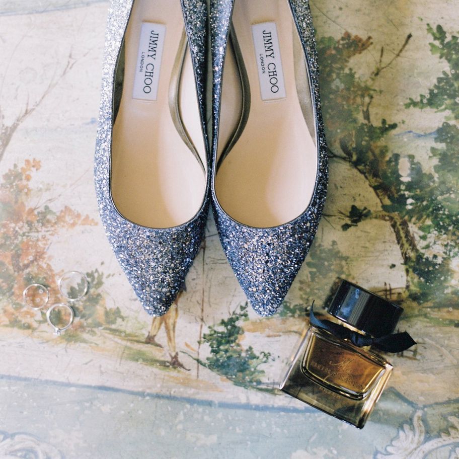 Grey Glitter Jimmy Choo Bridal Shoes &amp; Perfume.
