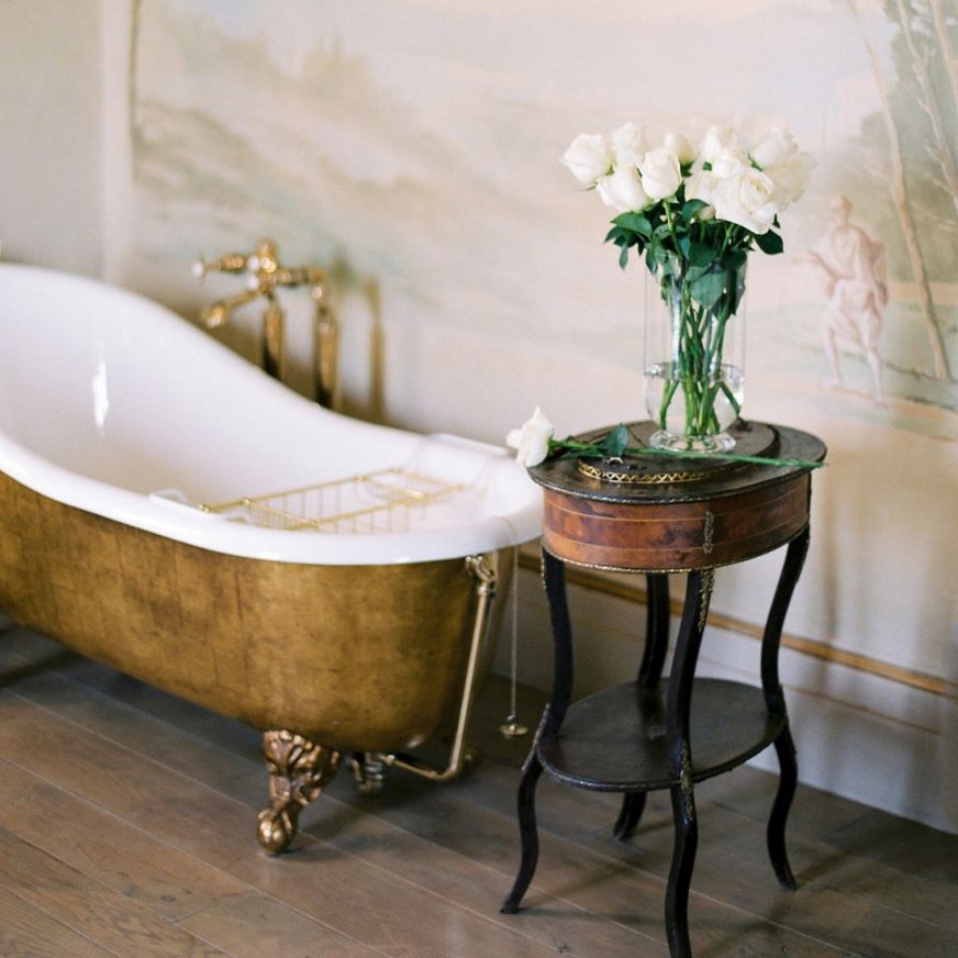 Gold Roll Top Bath and White Rose Wedding Bouquet.