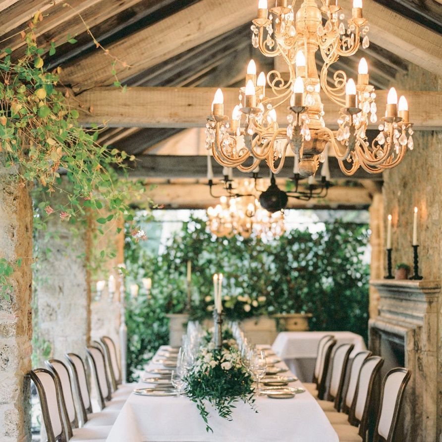 Elegant Wedding Reception with Chandeliers, Candle Light and Floral Centrepiece