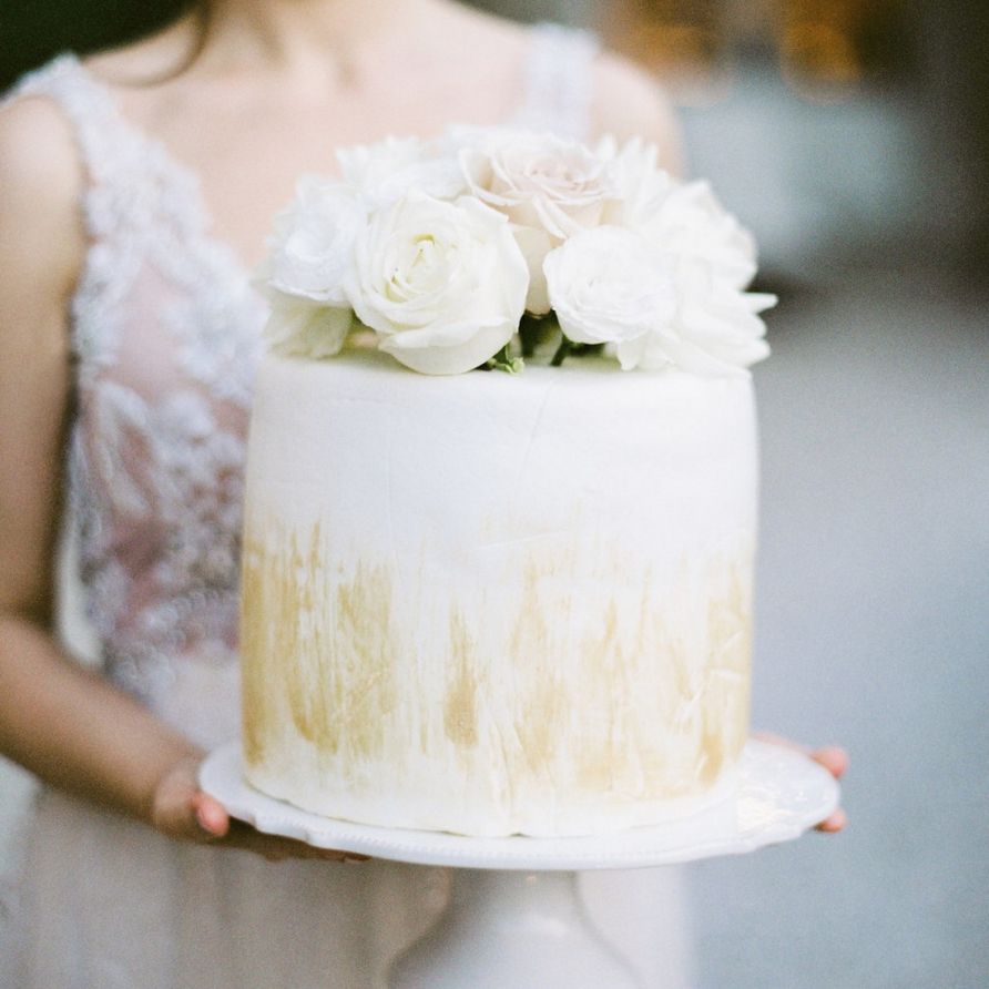 Single Tier Wedding Cake with Gold Decor and Floral Cake Topper