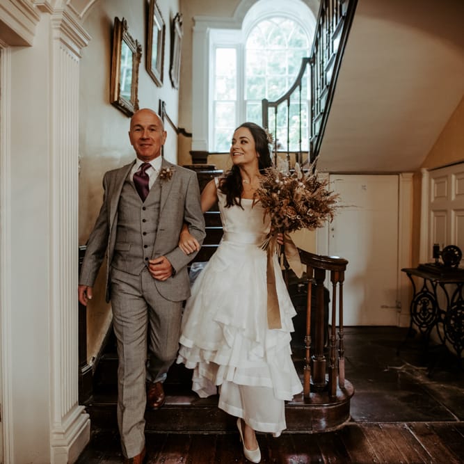 Bride in homemade wedding dress at September 2020 wedding