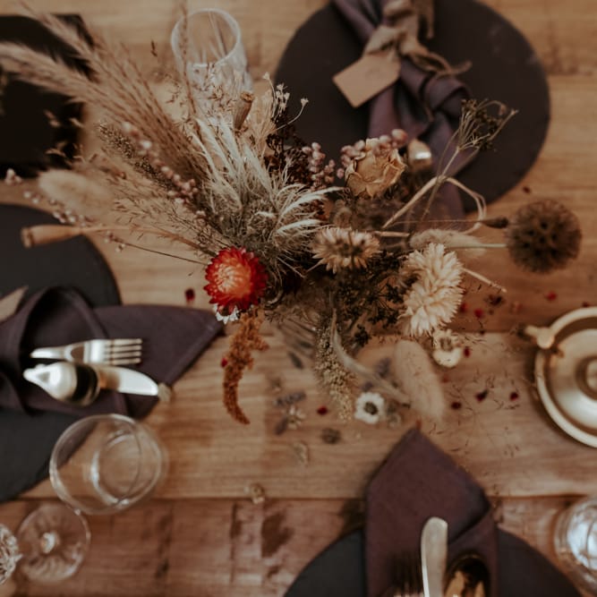Dried flower wedding centrepiece at September 2020 Wedding