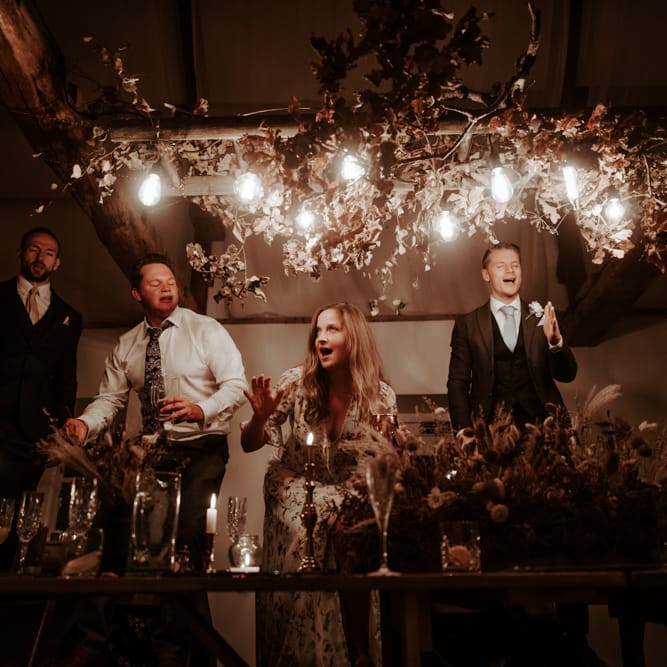 Ladder and dried flower light installation at micro wedding