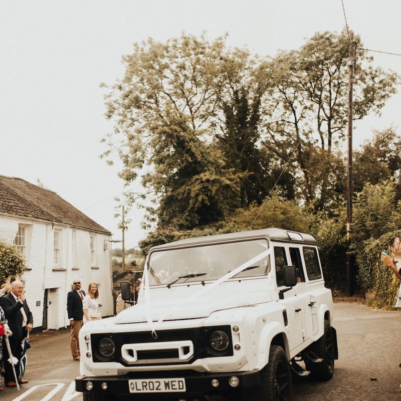 White wedding car at Devon wedding