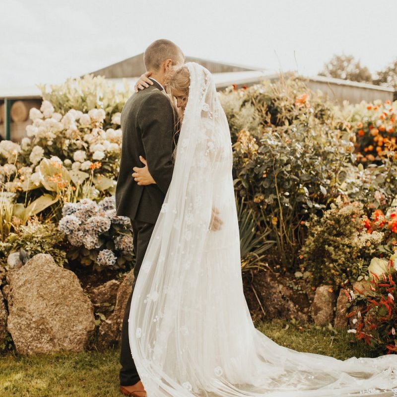 Lace veil for bride in Eliza Jane Howell wedding dress