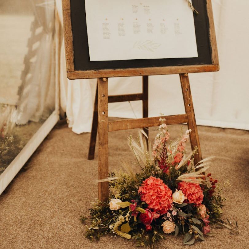 Wedding seating chart with floral decor