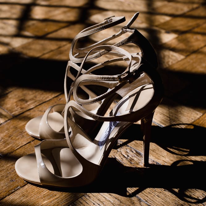 Lance by Jimmy Choo Nude Strappy Shoes | Ivania Pronovias Wedding Dress with Long Sleeves and Minimalist Styling | Chris Barber Photography