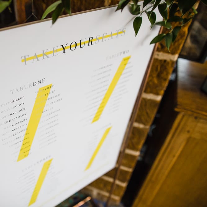 Seating Plan with Neon Stripes Displayed in Copper Stand with Foliage Garland | Ivania Pronovias Wedding Dress with Long Sleeves and Minimalist Styling | Chris Barber Photography