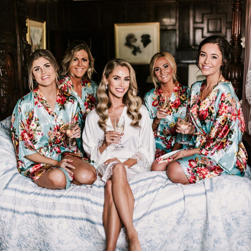 Wedding Morning Bridal Preparations with Matching Floral Getting Ready Robes