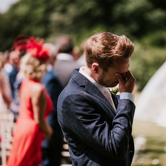 Emotional Groom in Check Moss Bros. Suit at the Altar