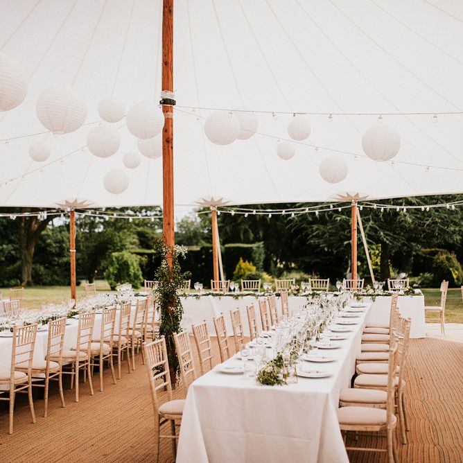 Tent Wedding Reception with White Hanging Paper Lanterns Decor