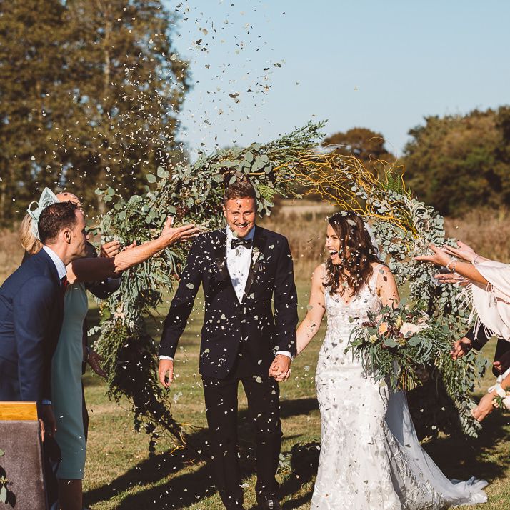 Eucalyptus leaf heart shaped confetti at intimate ceremony with seven guests
