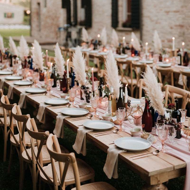 Banquet wedding tables with rustic chic decor