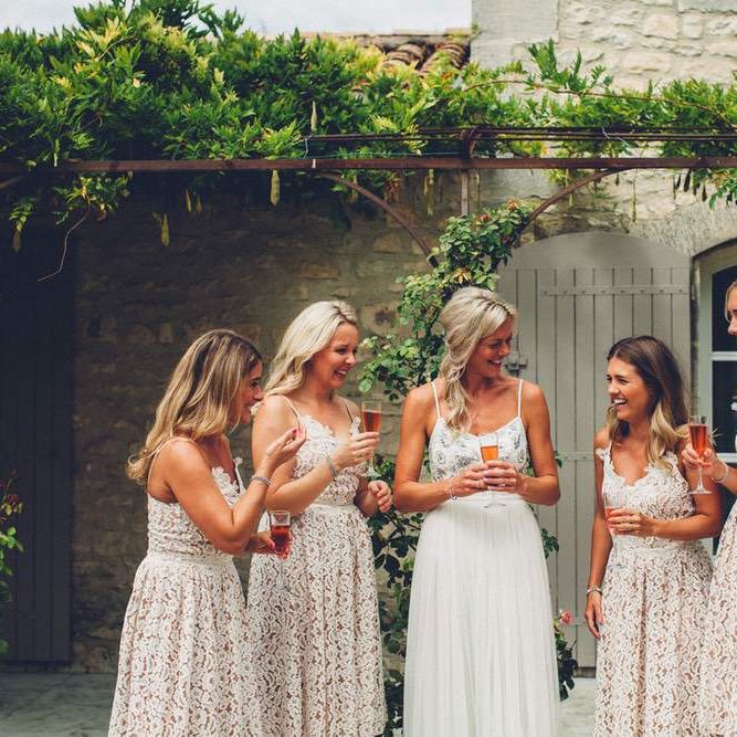 Bridal Party | Bride in Needle &amp; Thread Gown | Bridesmaids in Nude Lace ASOS Dresses | Outdoor Destination Wedding at Le Peit Hameau Wedding Venue Provence, South of France Planned by By Mademoiselle | Lovestruck Photography