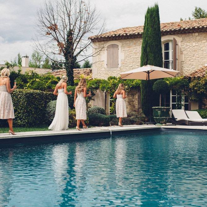 Bridal Party | Bride in Needle &amp; Thread Gown | Bridesmaids in Nude Lace ASOS Dresses | Outdoor Destination Wedding at Le Peit Hameau Wedding Venue Provence, South of France Planned by By Mademoiselle | Lovestruck Photography