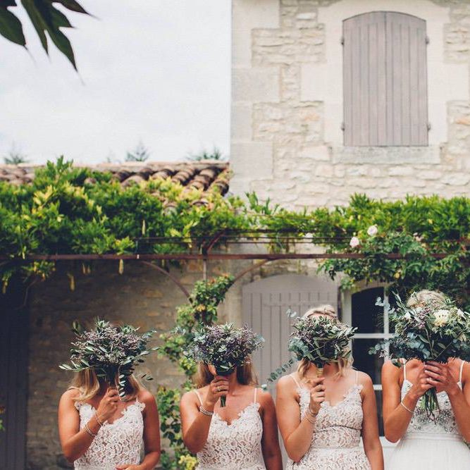 Greenery Wedding Bouquets | Bridal Party | Bride in Needle &amp; Thread Gown | Bridesmaids in Nude Lace ASOS Dresses | Outdoor Destination Wedding at Le Peit Hameau Wedding Venue Provence, South of France Planned by By Mademoiselle | Lovestruck Photography