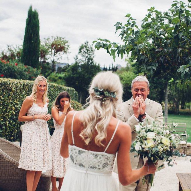 Father of the Bride First Look | Bride in Needle &amp; Thread Wedding Dress | Outdoor Destination Wedding at Le Peit Hameau Wedding Venue Provence, South of France Planned by By Mademoiselle | Lovestruck Photography