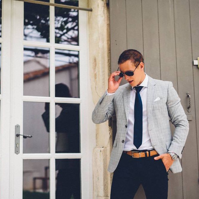 Groom in Reiss Navy Chinos &amp; Grey Check Blazer | Outdoor Destination Wedding at Le Peit Hameau Wedding Venue Provence, South of France Planned by By Mademoiselle | Lovestruck Photography