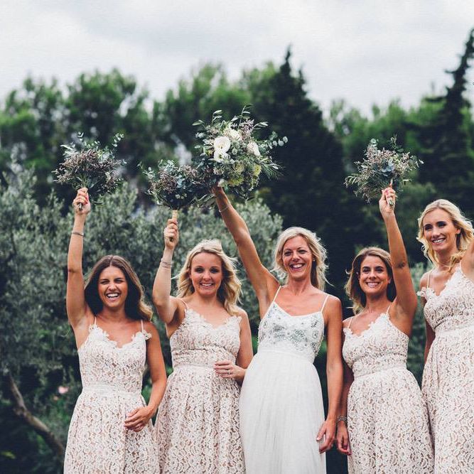Bridal Party | Bride in Needle &amp; Thread Gown | Bridesmaids in Nude Lace ASOS Dresses | Outdoor Destination Wedding at Le Peit Hameau Wedding Venue Provence, South of France Planned by By Mademoiselle | Lovestruck Photography