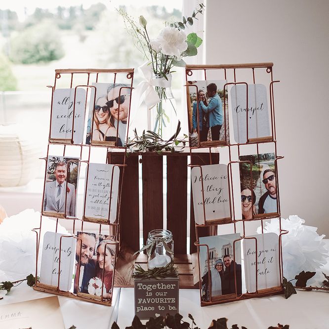 Rustic Wedding Photo Display // Brookfield Barn Wedding Venue With Rustic Styling And Bride In Enzoani With Images From Lemonade Pictures And Film By Kitebox Films