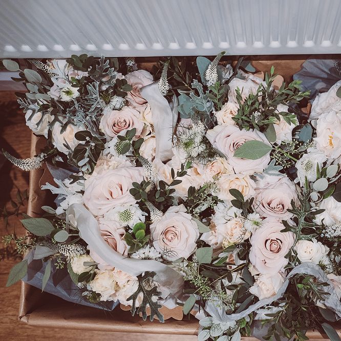 Pink Roses And Sage Green Foliage For Wedding Bouquets // Brookfield Barn Wedding Venue With Rustic Styling And Bride In Enzoani With Images From Lemonade Pictures And Film By Kitebox Films