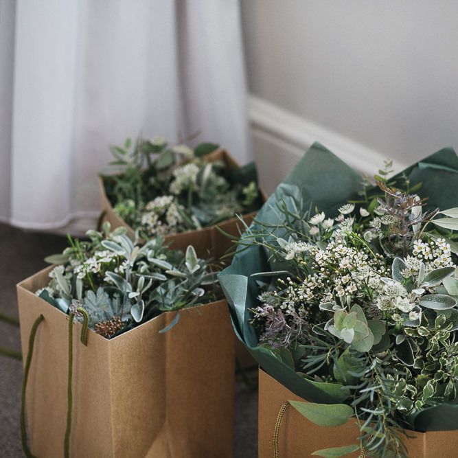 Green and white foliage for wedding flowers at London wedding