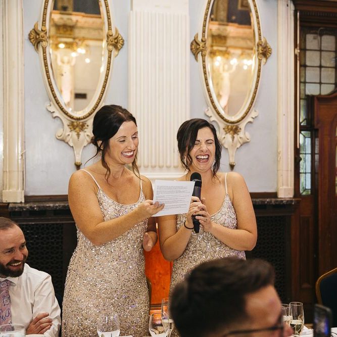 Bridesmaids wearing embellished dresses at London reception