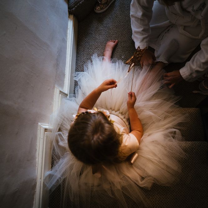 Wedding Morning Preparations | Flower Girl in Tutu | Edison Bulb Floral Installation at Kingsthorpe Lodge Barn Wedding | Johnny Dent Photography