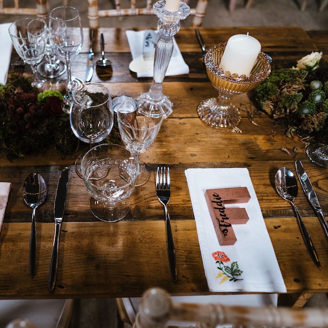 Wedding Reception Decor | Place Settings | Edison Bulb Floral Installation at Kingsthorpe Lodge Barn Wedding | Johnny Dent Photography