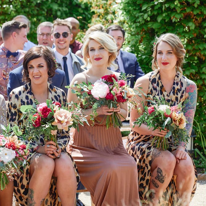 Bridesmaids In Leopard Print Dresses // Kimono Sleeve Wedding Dress By Rue De Seine Bohemian Wedding At The Walled Garden Nottingham Images From Rose Images Wedding Photography