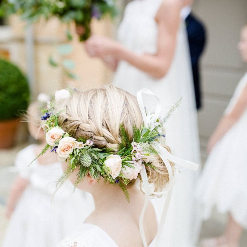 Pink rose and foliage flower girl crown