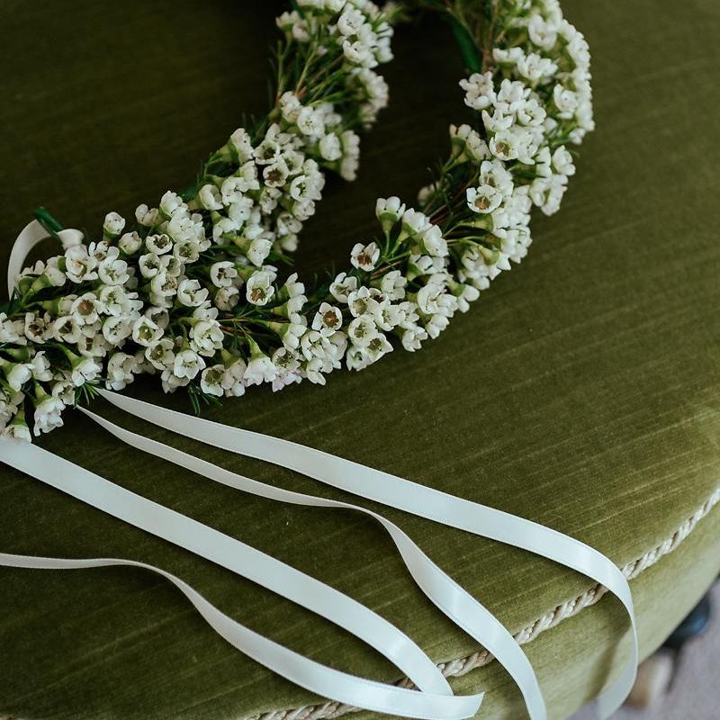 delicate green and white flower crown