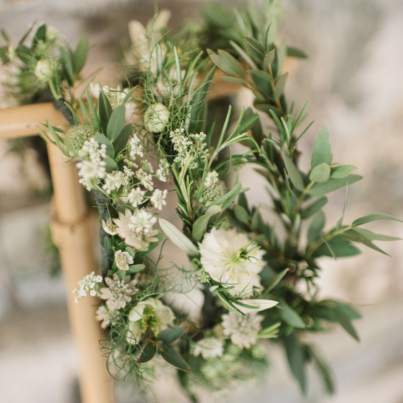 hanging green and white flower crowns